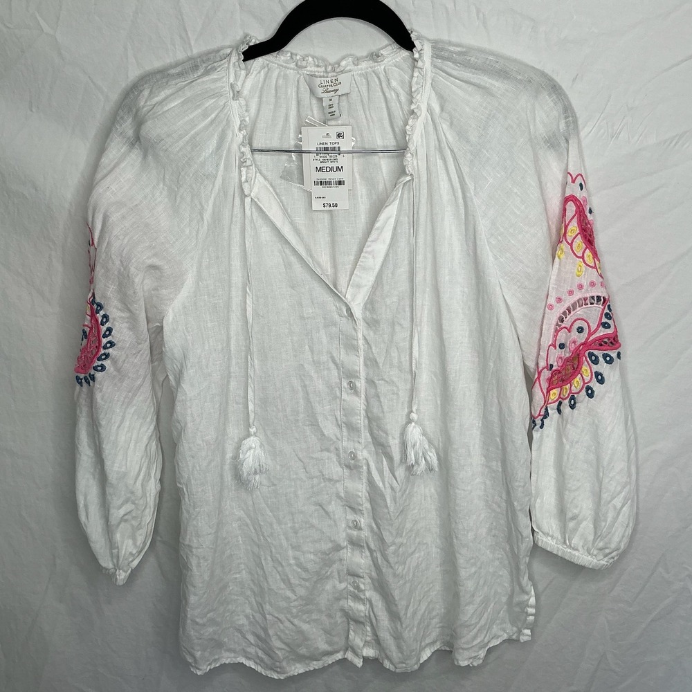 NWT Charter‎ Club Luxury White Embroidered Peasant Blouse 100% Linen Sz M Resort